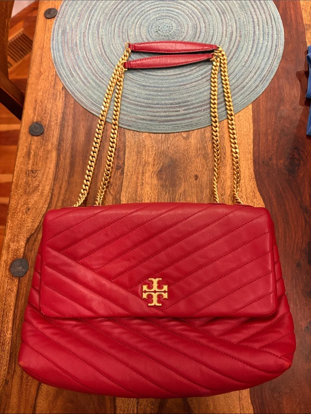 Tory Burch Red Quilted Chevron Leather Shoulder Bag with Gold Chain